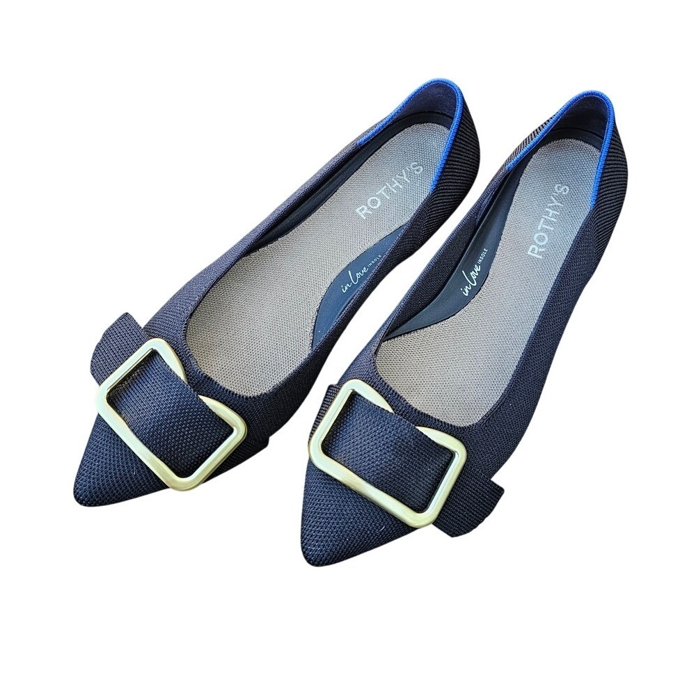 Rothy's The Emblem II Pointed Toe Flat in Black with Gold Buckle